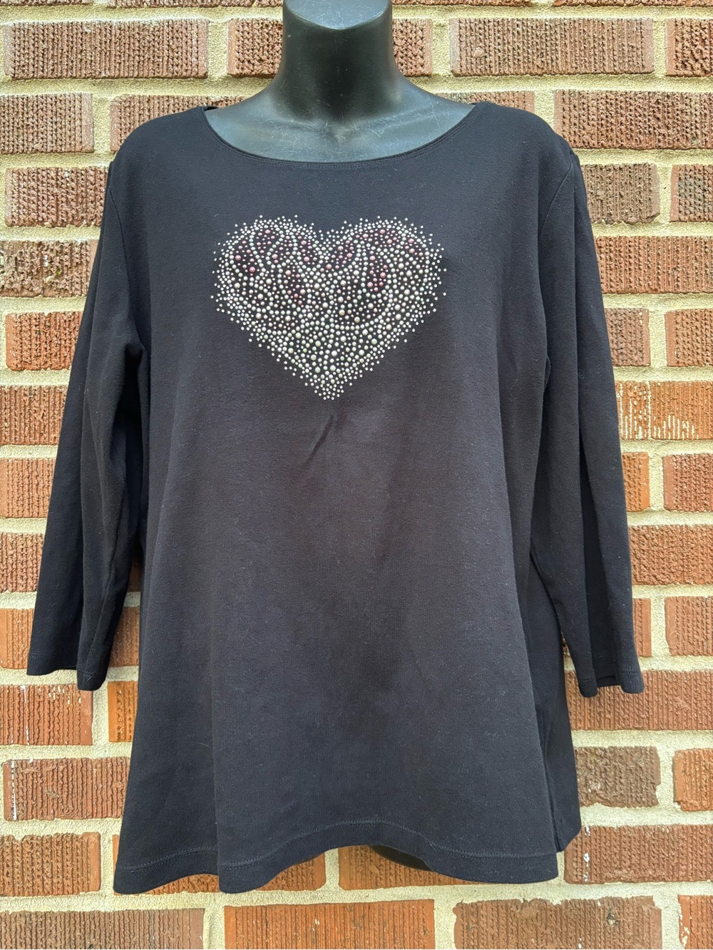 Karen Scott Sz XL Cotton Rhinestone Heart Deep Black casual T top